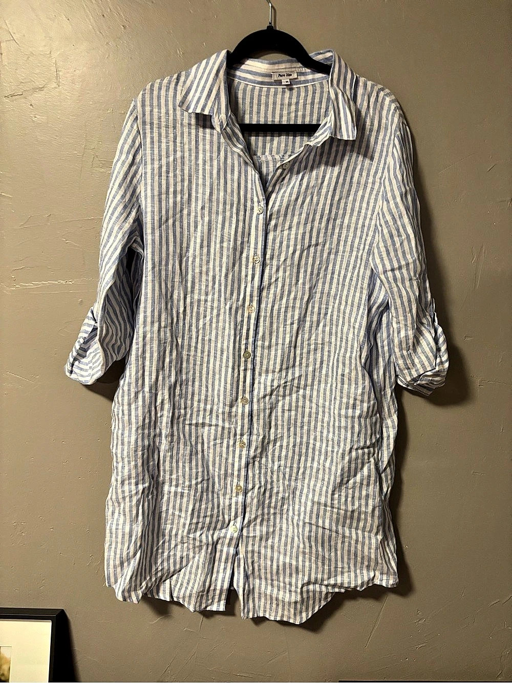 Puro Lino Striped Linen Shirt in Blue & White Size Medium